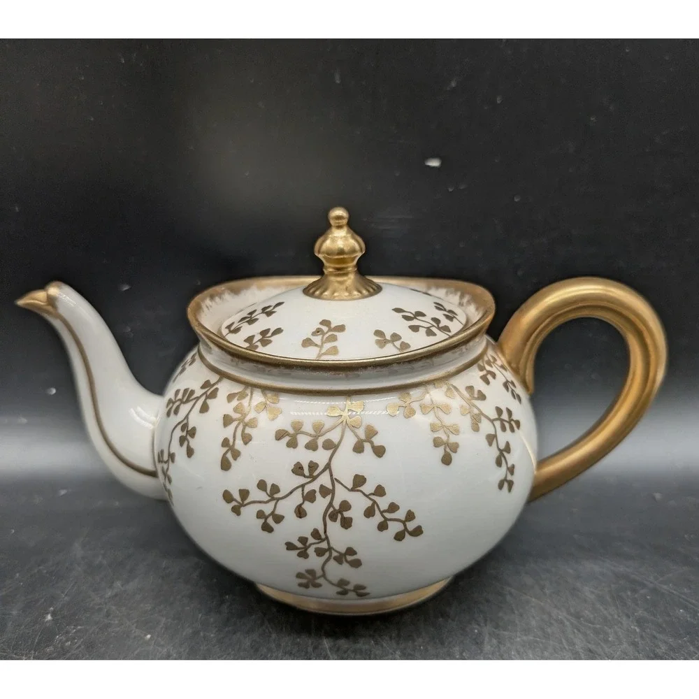 Antique Limoges Lycett France Gold Leaf Porcelain Teapot Sugar Creamer Set 3pc